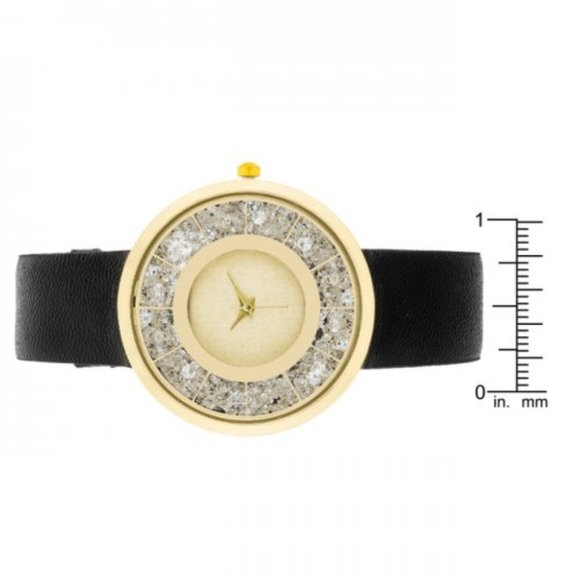 Gold Black Leather Watch With Crystals - Picture 3 of 3